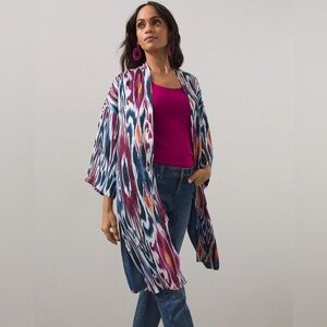 Chicos Navy Blue White Orange Purple Boho Ikat Kimono Jacket Cardigan